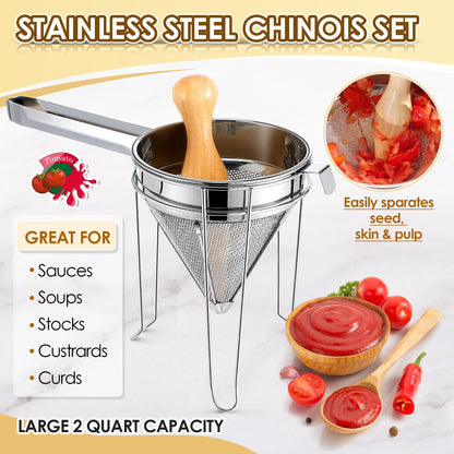 Feekoon Stainless Steel Chinois Strainer with Stand and Wooden Pestle Set, China Cap Strainer for Tomato, Berry, Fruit, Egg, Soup and Other Canning Jam Making Supplies, 15.35 x 7.67 x 7.28 inch