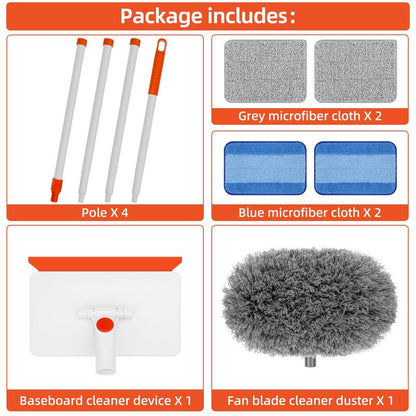 Baseboard Cleaner Tool with Handle, Extendable Long Handle Baseboard Cleaning Duster with Reusable Pads for Floorboard, Ceiling Fan Blade Cleaner Duster (Gray)