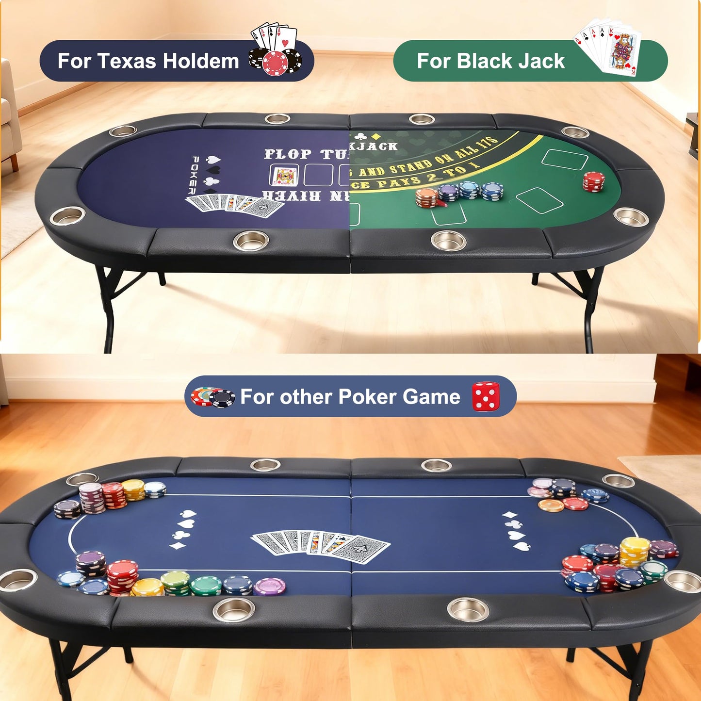 LaiSeeCian 8 Players Foldable Poker Table with Cup Holders, Collapsible Texas Holdem Poker Table with Reversible Game Mat, Suitable for Home Party, Casino, Poker Night, etc.