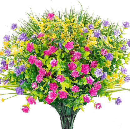 Ageomet 9pcs Spring Flowers, Artificial UV Resistant Plastic Flowers for Home Decor, Cemetery Decoration