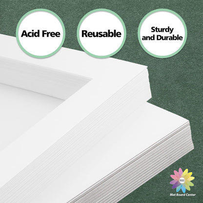 Mat Board Center, Pack of 50 11x14 Photo Mat + Backing + Bag, Pre Cut mat Board Show kit for 8x10 Photo, White Core for Framing Pictures, Prints, Artworks(White)