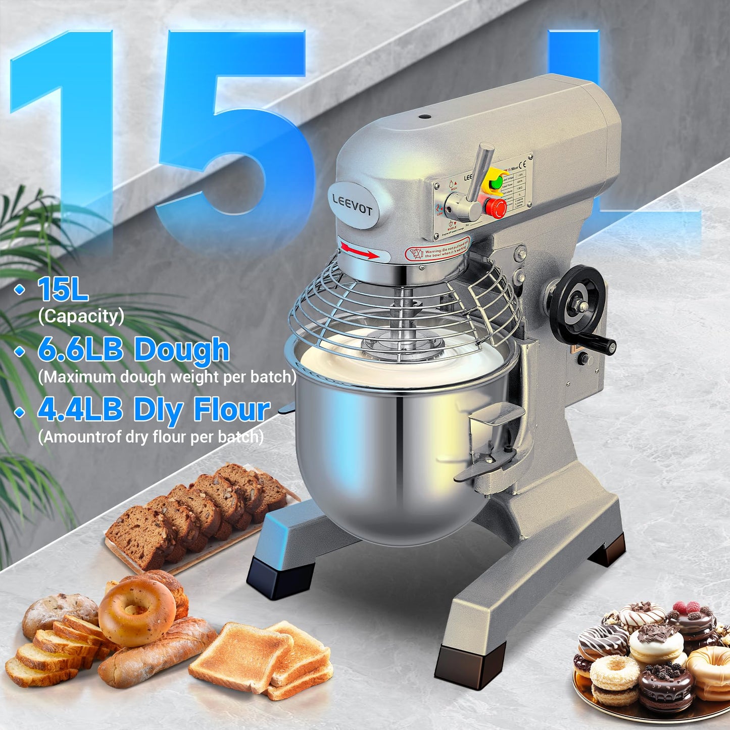 EKway 15Qt Commercial Food Mixer with Timing Function,600W Commercial stand mixer 3-Speed Adjustable,Electric Heavy Duty Dough Mixer with Stainless Steel Bowl for Bakery Pizzeria