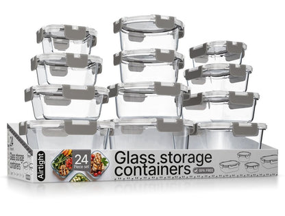 Bakken Borosilicate Glass Food Storage Containers with Lids 24 Pieces, BPA-Free Stackable Lunch & Leftover Containers, Microwave, Freezer & Dishwasher Safe, 100% Airtight Leak-Proof, Gray