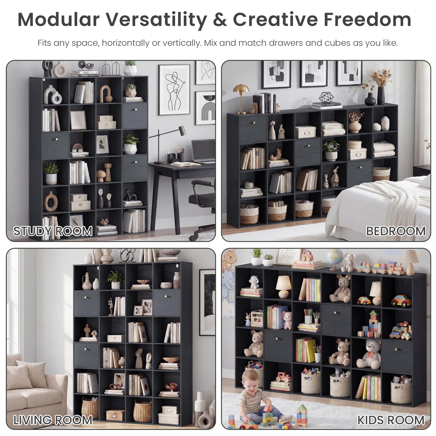 Modern Cube Storage Organizer, 24 Open Shelves Bookcase with 3 Storage Bins, Black Book Case with Wood Grain, Freestanding Shelf for Bedroom, Living Room, Home Office, Library, Wooden Large Book Shelf