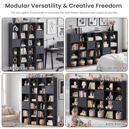 Modern Cube Storage Organizer, 24 Open Shelves Bookcase with 3 Storage Bins, Black Book Case with Wood Grain, Freestanding Shelf for Bedroom, Living Room, Home Office, Library, Wooden Large Book Shelf
