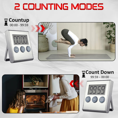 Digital Kitchen Timer for Cooking, Magnetic Countdown Timer with Loud 80dB Alarm, Large Display, Adjustable Stand, Auto Memory, Stop Watch for Classroom, Study, Kids - Silver