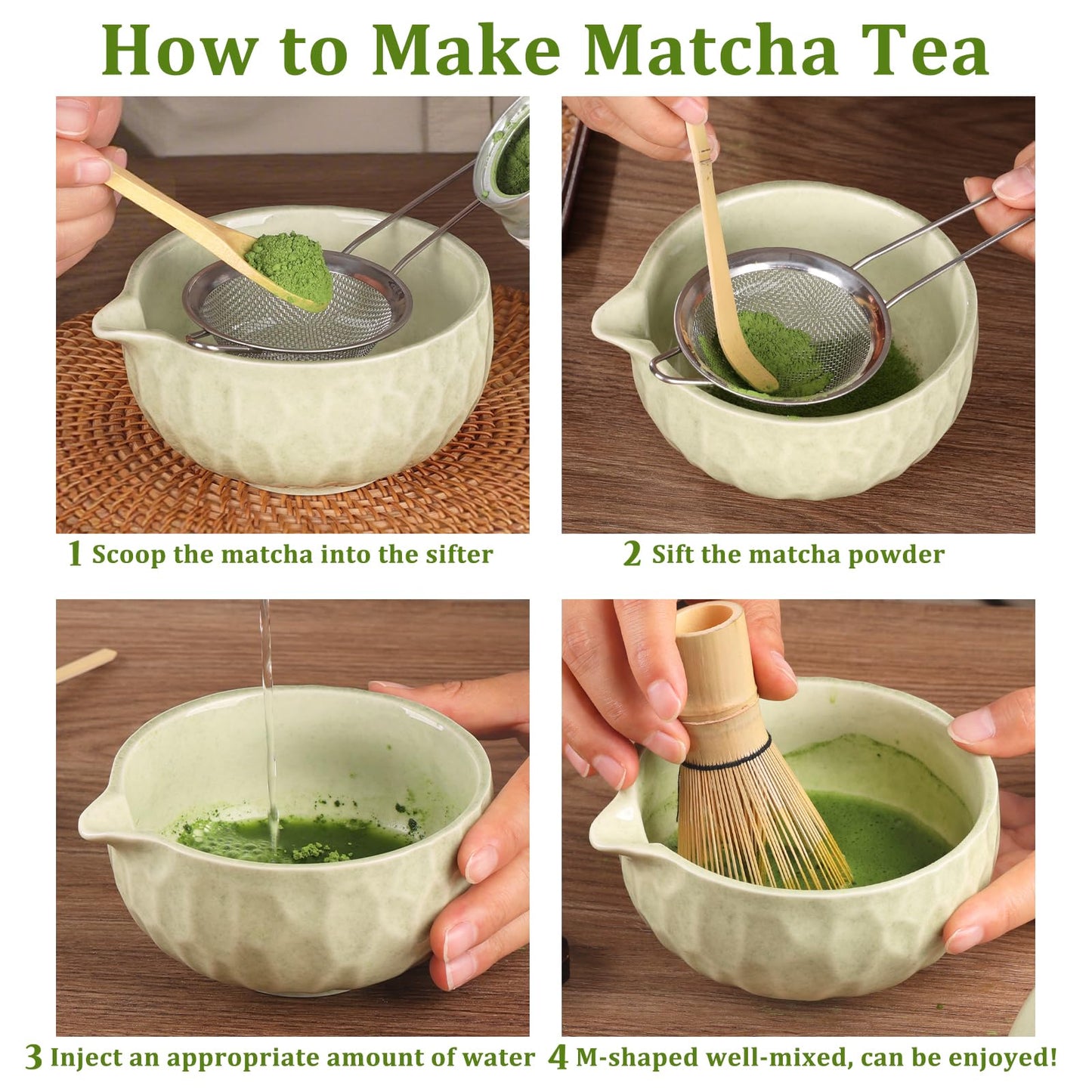 Matcha whisk Set,Japanese Matcha Set,Matcha Bowl with Spout,Matcha Whisk and Holder,Bamboo Scoop,Sifter - 6 Pcs Tea Set for Matcha Lover,Tea Ceremony(Green)
