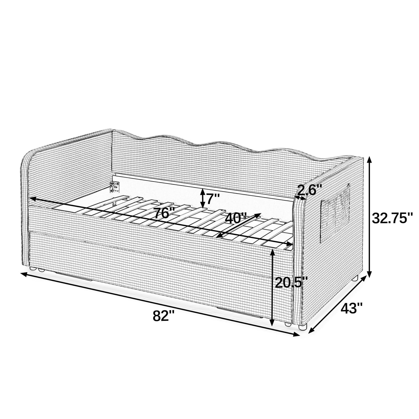 KEIKI Twin Size Upholstered Gingham Daybed with Trundle, Twin to King Design Adorable Wave Shaped Extendable Sofa Bed, Easy Assembly, No Box Spring Required, for Living Room & Bedroom, Cyan