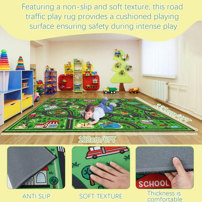 Tinideya Kids Playmat Rug 4x6 ft, Non-Slip Rubber Backing Traffic Road Playmat, Cars Play Mat for Toddler Children Playroom Classroom Bedroom(Green, Traffic Road)
