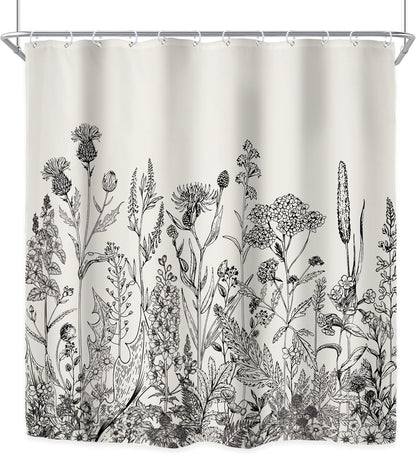 Riyidecor Wild Floral Shower Curtain 72Wx78H, Botanical Flower Plant Art Printed Fabric with Hooks