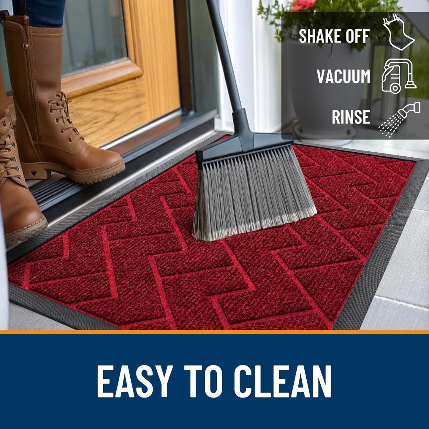 OLANLY Waterproof All-Season Front Door Mat - Sturdy Natural Rubber, Easy Clean Herringbone Design (Wine Red, 47x17)