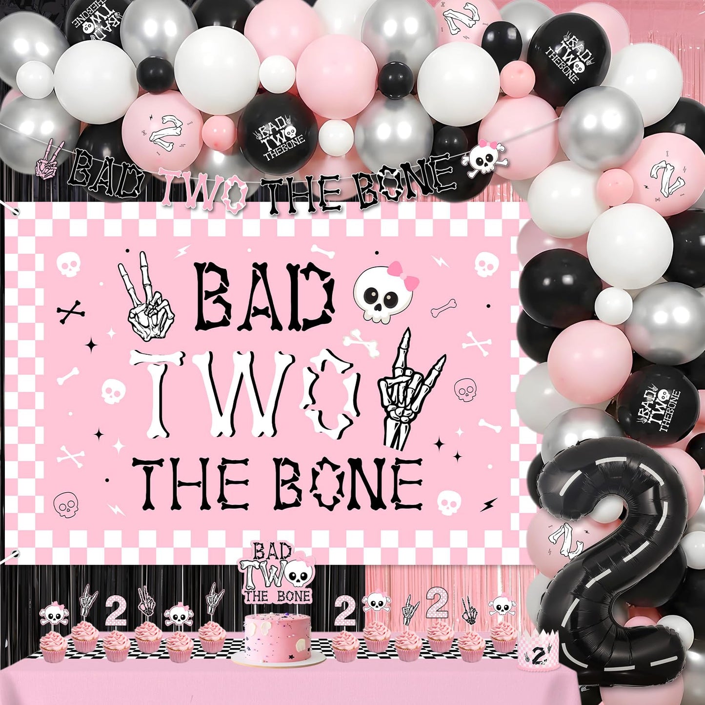 kreat4joy Bad Two The Bone Party Decoration Pink, Skeleton Theme Backdrop Banner Cake Cupcake Topper Table Cloth Hat Fringe Curtain Latex Balloon Garland Arch Kit for Girl 2nd Birthday Decoration
