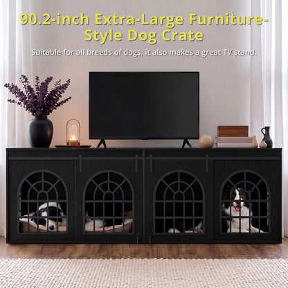 IRONCK 90.2" Double Room Dog Crate Furniture with Sliding Doors– Heavy Duty Wooden Dog Kennel with Hinged Divider, TV Stand & End Table for Large to Medium Dogs, Black