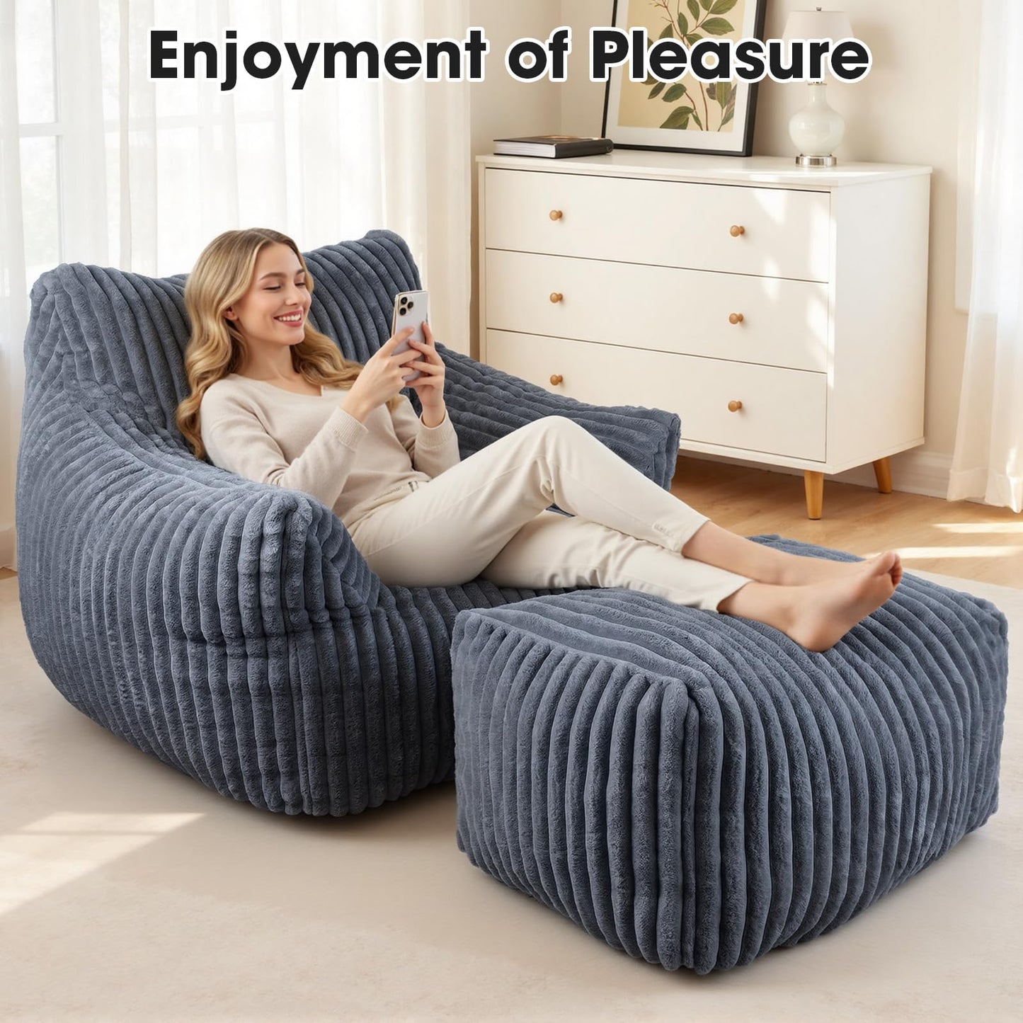 HarborHue Giant Bean Bag Chair with Ottoman, Oversized Memory Foam Bean Bag Sofa for Adults and Kids, Large Comfy Fluffy Single Lounges Mini Couch for Living Room, Bedroom & Dorm(Gray)