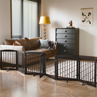 PUPETPO Freestanding Pet Gates with Walk Through Door, Dog Indoor Fence, Dog Gate for The House, Doorway, Stairs, Extra Wide Pet Gate, Support Feet Included, 120 Inch Wide, 6 Panels 24" Tall, Brown