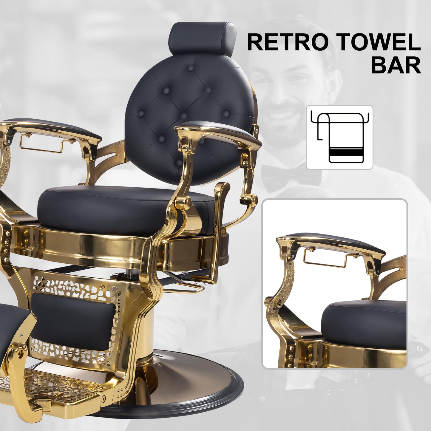 MYS Vintage Barber Chair for Hairdressers Heavy Tattoo Shampoo Heavy Duty Barber Chair Professional Salon + Golden