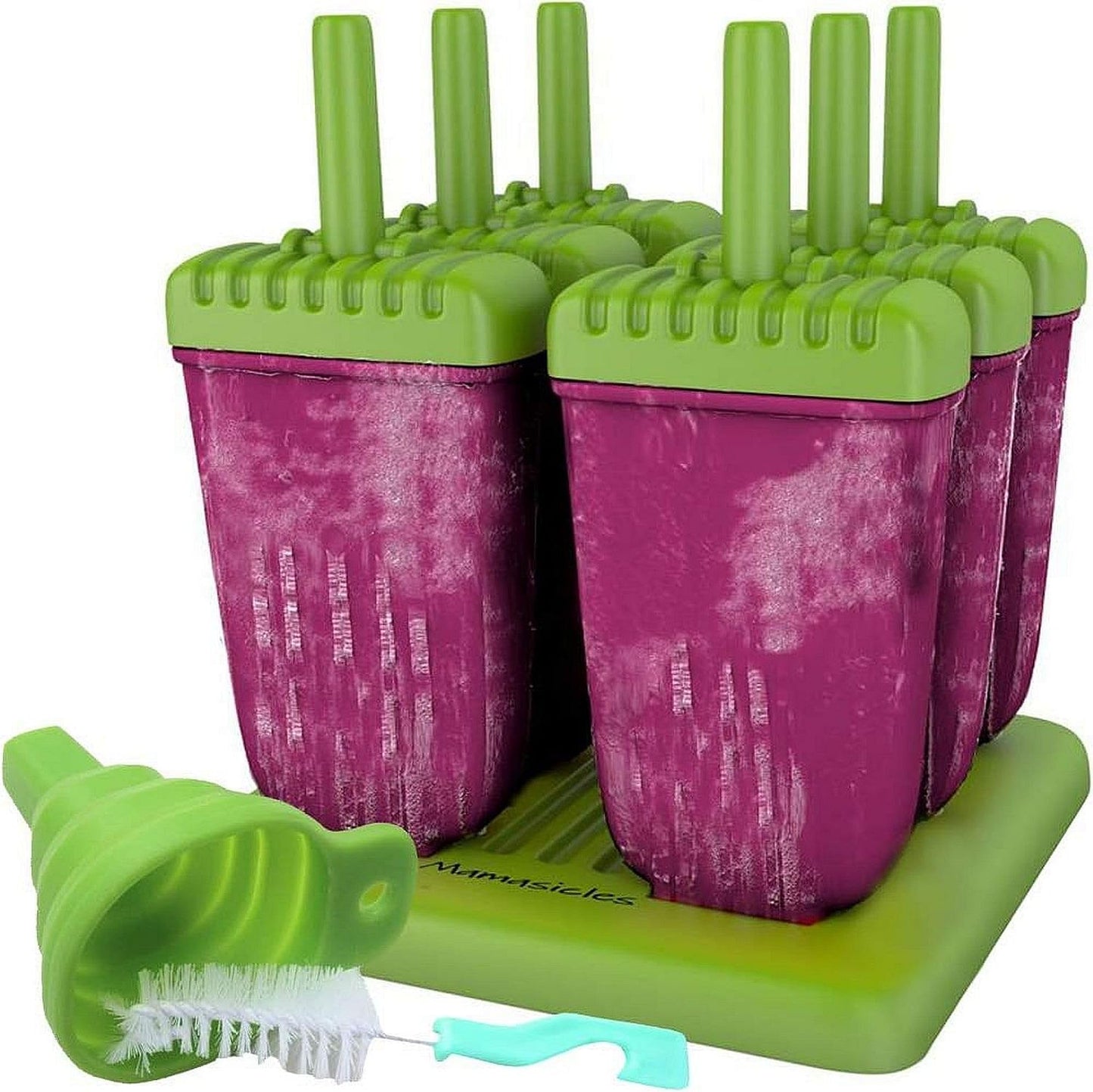 Mamasicles Popsicles Molds with Sticks for Summer Fun 6 Individual Pieces BPA Free Popsicle Holders for Kids Reusable Plastic Ice Pop Mold with Silicone Funnel and Cleaning Brush