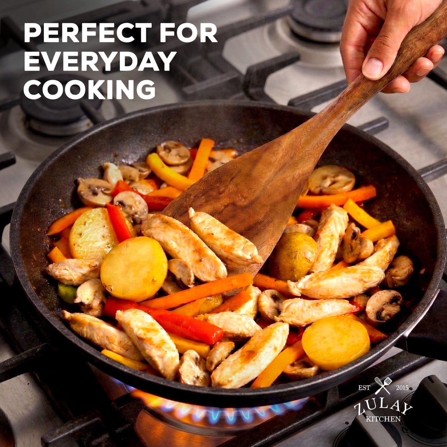 Zulay Kitchen 9-Piece Teak Wood Cooking Utensil Set – Non-Toxic & Non-Stick Safe Wooden Spoons & Kitchen Tools with Comfortable Grip, Smooth Finish Natural Teak – Perfect Kitchen Gift Set