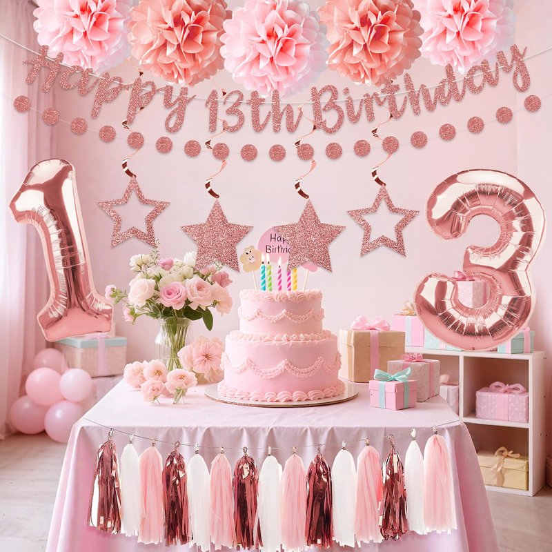 Kuxriox 13Pcs Happy 13th Birthday Decorations for Girls, Pink Rose Gold 13th Birthday Banner and Balloons, Glittery 13 Year Old Bday Tissue Pompoms, Circle Dots Garland, Tassel Garland Party Supplies