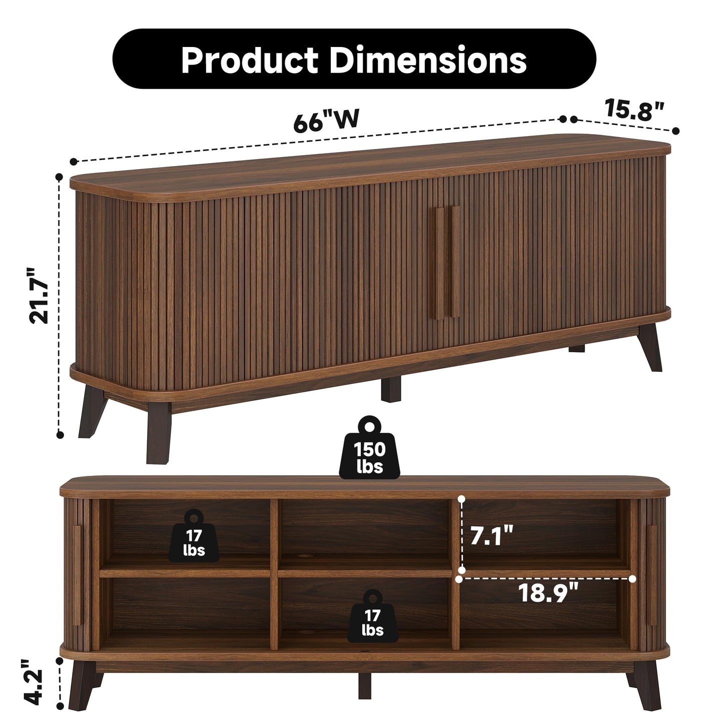 66" Mid Century Modern TV Stand, Wood Curved Entertainment Center for TVs up to 80" with Sliding Doors & Adjustable Shelves, Media Console with Storage & Solid Wood Leg for Living Room, Walnut