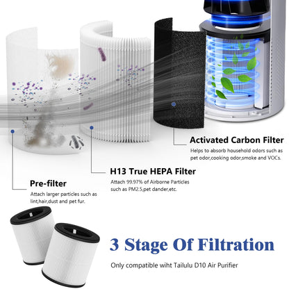XBWW 2 Packs D10 Replacement Filters Compatible with Tailulu D10 Air Purifi-er, 3-in-1 Filter of D10 Premium Filter, Activated Carbon Filter with Extra 6 Pieces Aroma Pads