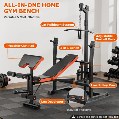 9-in-1 Adjustable Olympic Weight Bench with Lat Pulldown, Row, Squat Rack & Leg Curl – Multi-Function Strength Training Bench Press for Home Gym Full Body Workout (9 in1 Olympic Weight Bench)