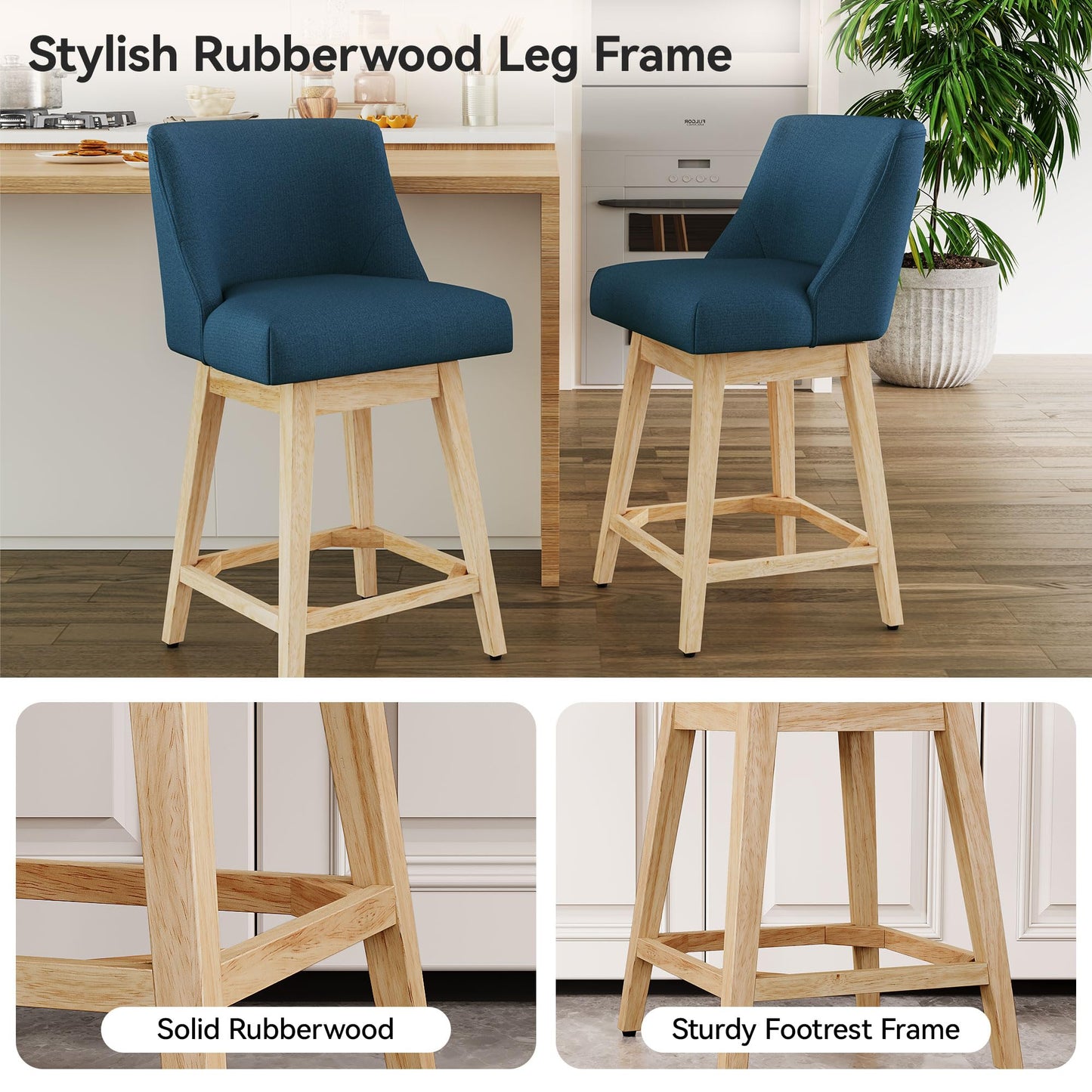 Vipbear Counter Height Bar Stools Set of 2, 26" H Modern Swivel Bar stools with Contoured Back and Solid Wood Legs, Linen Fabric Upholstered Counter Bar Chairs for Kitchen Island, Blue