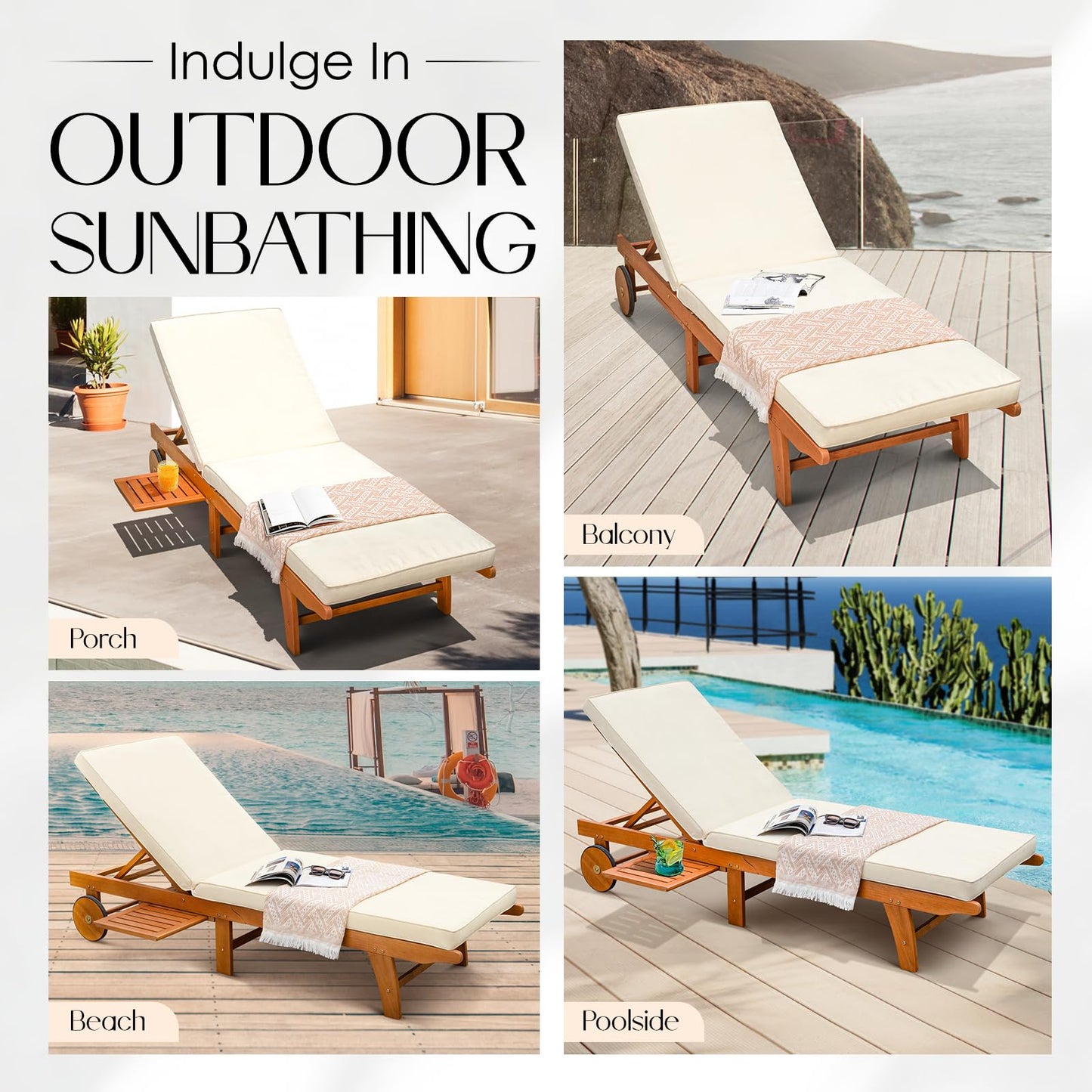 IDZO Upgraded Cushion Outdoor, 500lbs Capacity Patio Pool Loungers, Stackable and Foldable Design, Reclining Backrest, Federica Wood Chaise Lounge, Brown