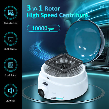 LABINVO Mini Centrifuge Machine, 10000RPM, OLED Display High Speed Lab Benchtop Centrifuges, 3-in1 Rotor for 0.5/1.5/2mL Tubes, and 4×PCR8 Strips, 0.2mL×44 PCR Tubes, IN-CEN001
