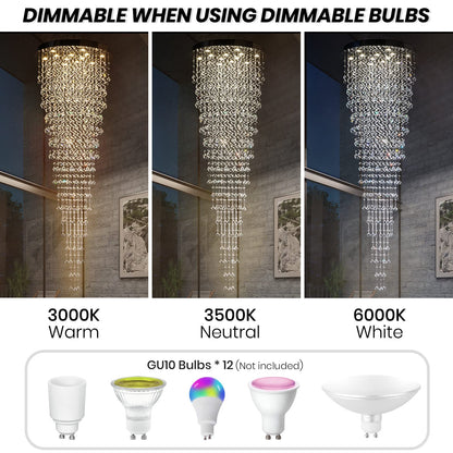 APBEAM Modern Large Crystal Chandelier for High Ceilings, Raindrop Round Large Foyer Chandelier, Luxury Flush Mount Ceiling Light Fixture for Stairse Entryway Living Room Dia 32" x H 96"-12 Lights