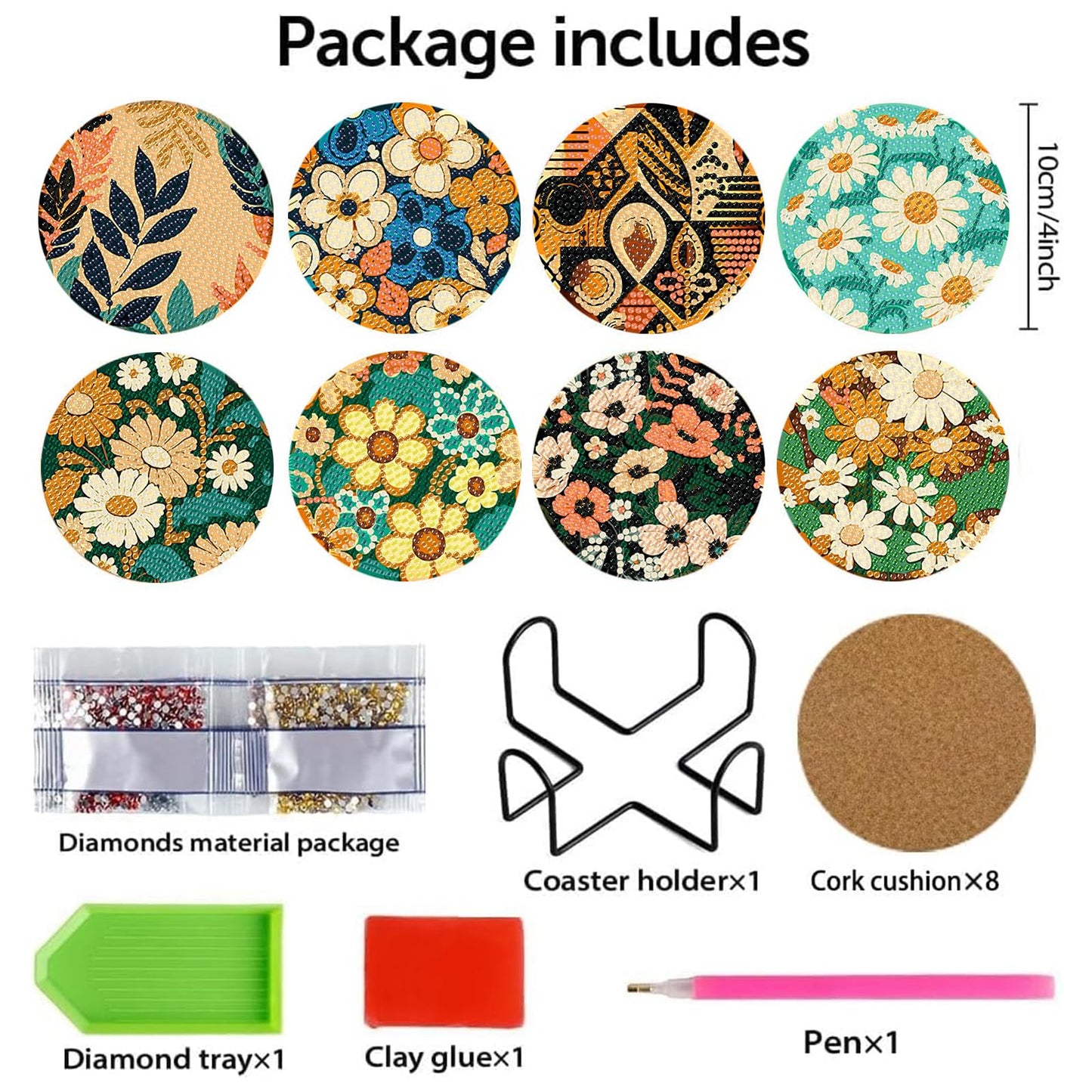 Reivworl 8 Pcs Flowers Diamond Art Coasters Kits, Flowers Diamond Art Kits for Adults, 5D Diamond Painting Coasters (4x4 Inch, with Holder Cork Pads)