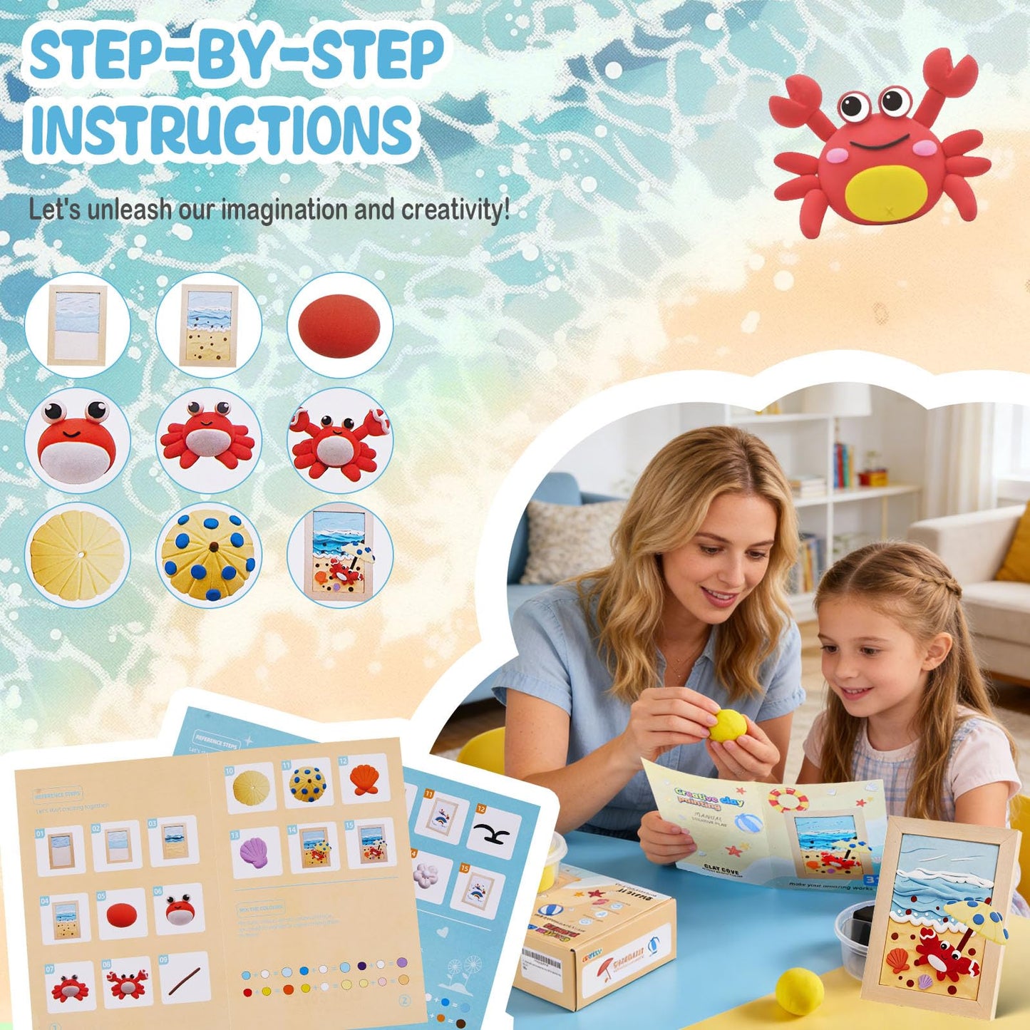 DIY Picture Frame Clay Art Kit for Kids - Rainbow Theme Air Dry Clay Set with Wooden Frame, Tools & Tutorial Cards, Creative Arts and Crafts Gift Set for Children Ages 3+