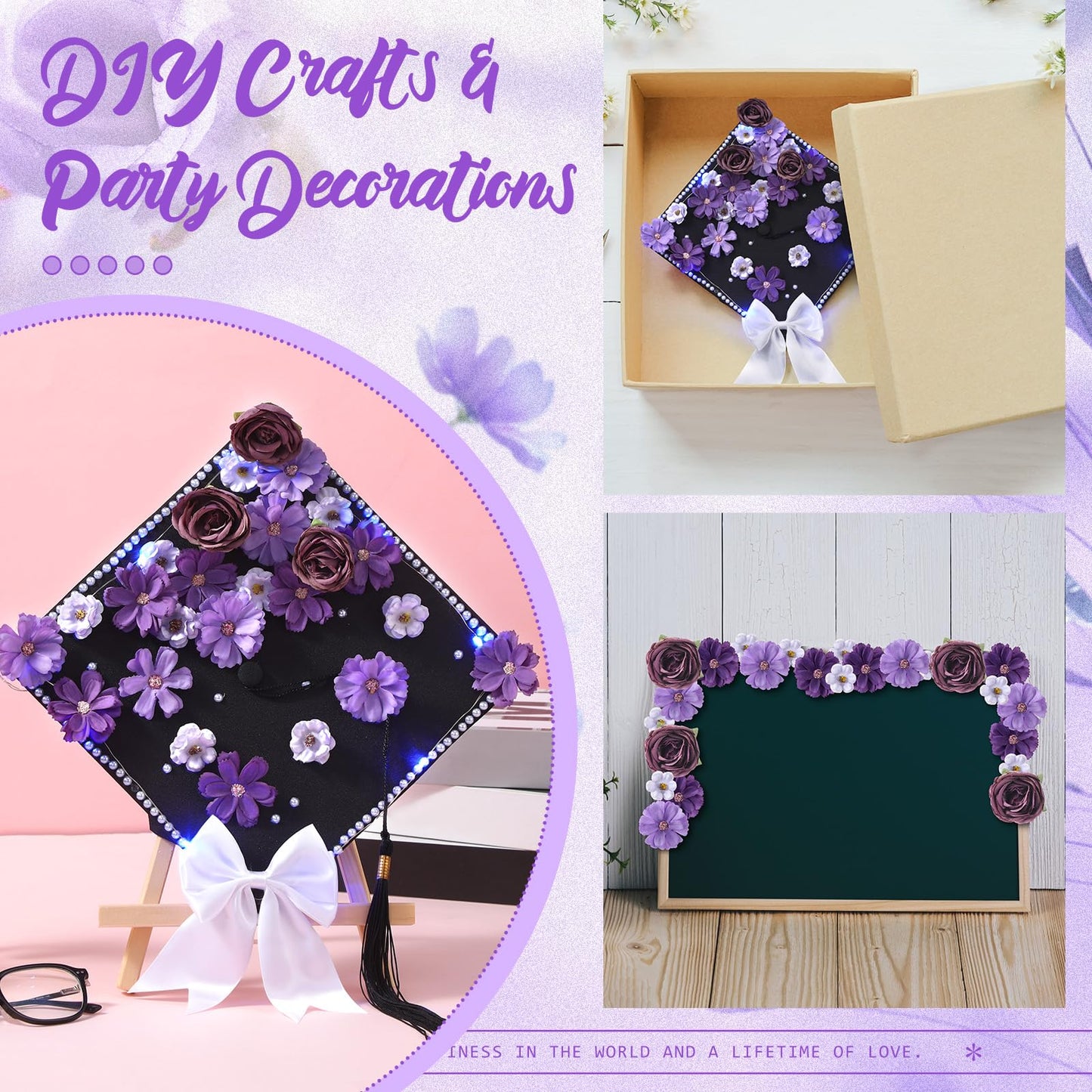 Solsew 50 Pcs DIY Graduation Cap with Lights Decoration Kit Include Artificial Flower String Light Ribbon Bow Pearl Sticker for DIY Cap 2026 Graduation Party(Blue Light, Purple Flower)