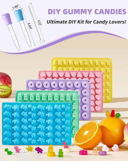 Silicone Gummy Molds Set of 5, Non-stick Candy Chocolate Molds with 2 Droppers 1 Clean Brush, Includes Dinosaur Bear Donut Fruit Heart Shape