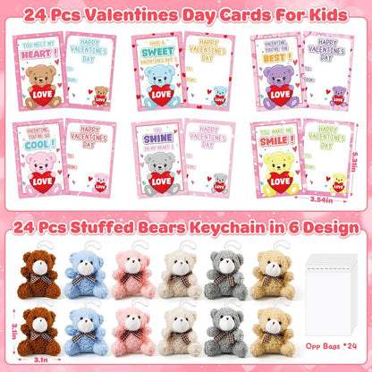Jumlys Valentines Day Gifts for Kids, 24 Packs Valentines Day Cards with Stuffed Bear Toys, Valentine Day Party Favors for Boys Girls, Ideal Exchange Cards for Classroom