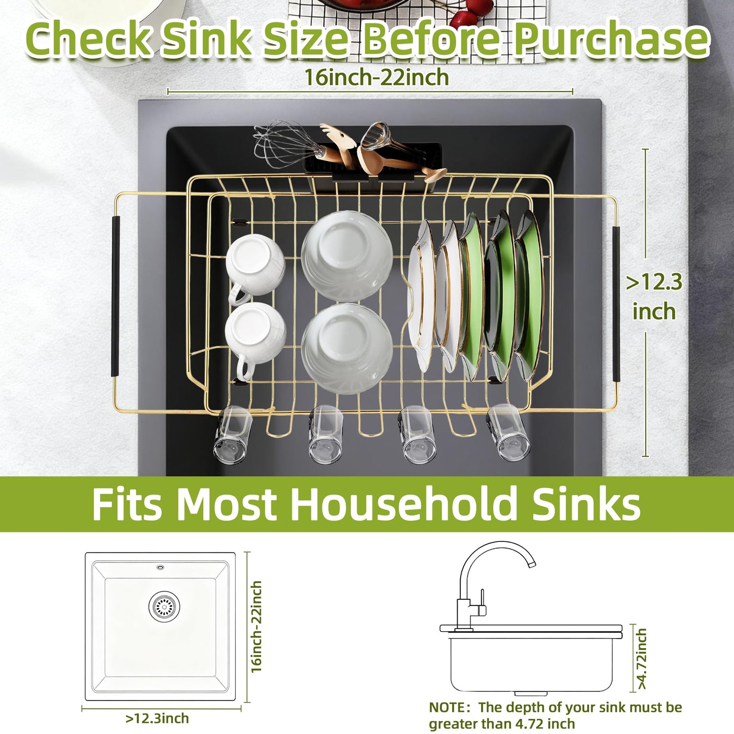 HAYAWEY Golden Expandable Dish Drying Rack with Silicone Drying Mat-Extra Large Stainless Steel Dish Drainer Over The Sink with Utensil Holder, Applicable for Sink Width 16'-22' (Gold,23.2'*12.2')