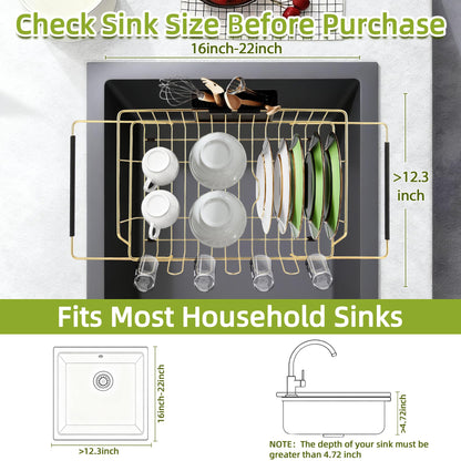HAYAWEY Golden Expandable Dish Drying Rack with Silicone Drying Mat-Extra Large Stainless Steel Dish Drainer Over The Sink with Utensil Holder, Applicable for Sink Width 16'-22' (Gold,23.2'*12.2')