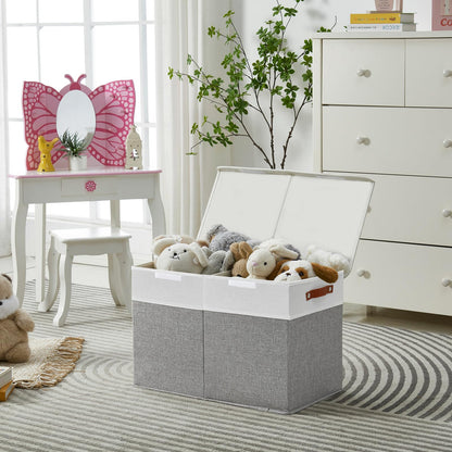 Bagnizer Large Toy Storage Box with Lids, Collapsible Sturdy Baby Storage Organizer Chest Bin Basket for Kids, Boys, Girls, Playroom, Nursery, Bedroom, Closet 25"x13"x16" (Gray and White)