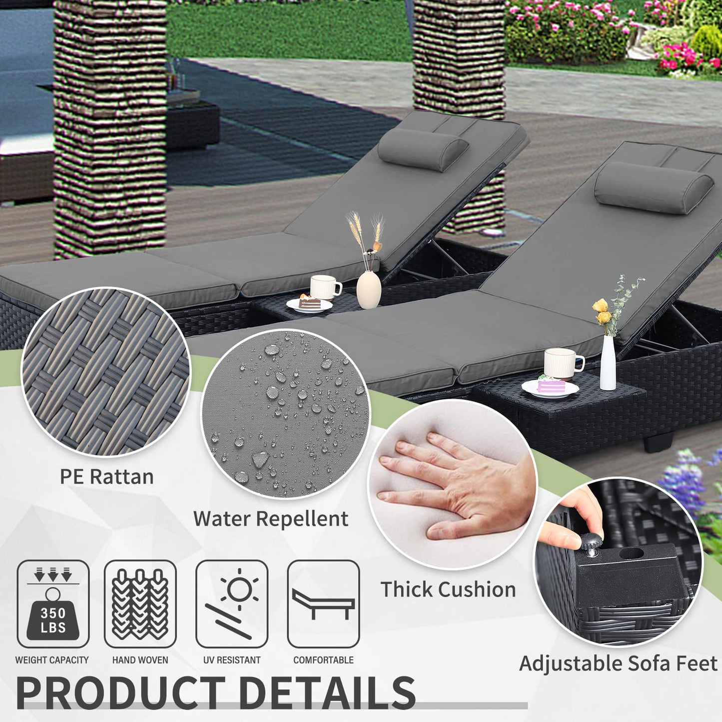 WAROOM Outdoor Chaise Lounge Chairs for Outside Patio Furniture Set of 2 Wicker Recliner Black Rattan Sunbathing Lounger Adjustable Backrest Pool Reclining Chair, Grey Cushion