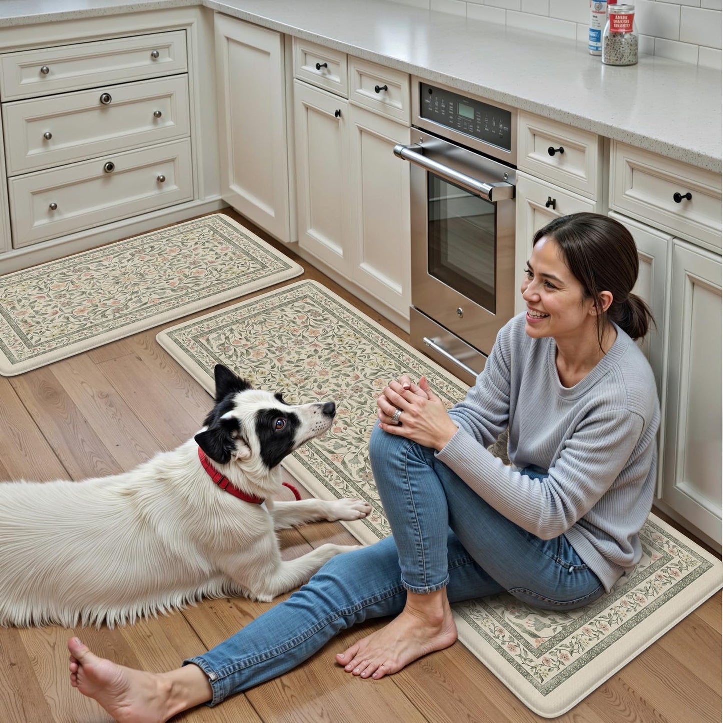KIMODE Anti Fatigue Kitchen Mats for Floor, Boho Floral Kitchen Rugs Sets of 2, Cushioned Kitchen Floor Mats Non Slip, Comfort Spring Rugs for Kitchen Floor Sink Laundry Desk Beige 17.3"x29"+17.3"x47"