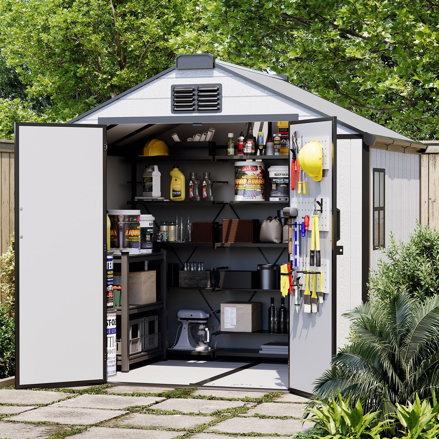 DNYKER 8 x 6 FT Plastic Outdoor Storage Shed, All-Weather Resin Garden Shed with Floor, Lockable Doors & Windows, Plastic Tool Shed for Patio，Poolside, Backyard