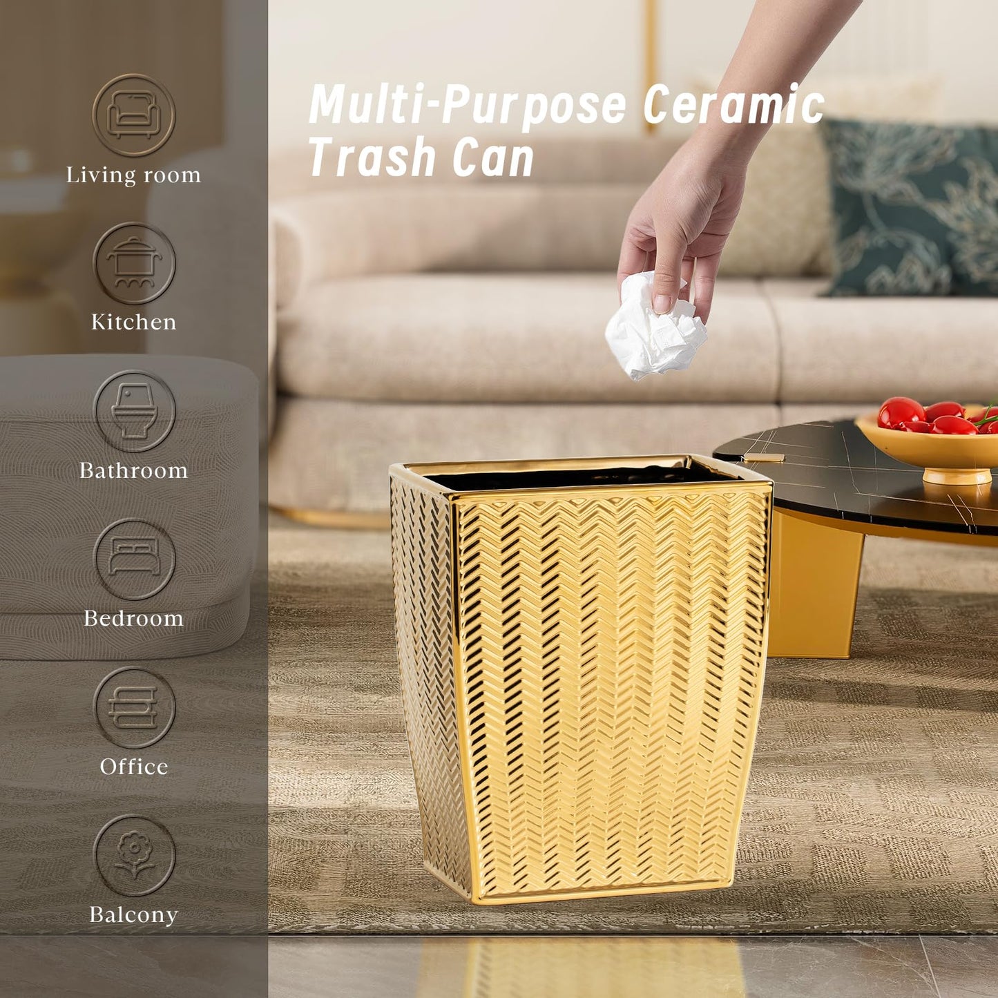 Gold Bathroom Accessories 4pcs Stylish Bathroom Accessories Set Gold Soap Dispenser Pump, Tumbler, Soap Dish and Trash Can Modern Decor Wavy Design Ceramic Bathroom Accessory Set