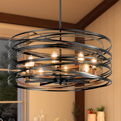 Black Farmhouse Chandelier,8 Lights Rustic Farmhouse Dining Room Light Fixture 23.6" Wood Grain Metal Modern Chandelier Rustic Large Kitchen Chandelier for Entryway Foyer