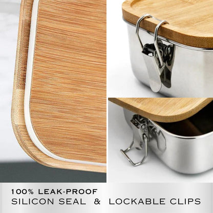 Bambuood Premium Stainless Steel Bento Lunch Box. Eco-Friendly Meal Storage, Food Container With 100% Leak-Proof Bamboo Lid. For Adults, Work, Travel Use. Free Bamboo Cutlery. LARGE (41 oz)