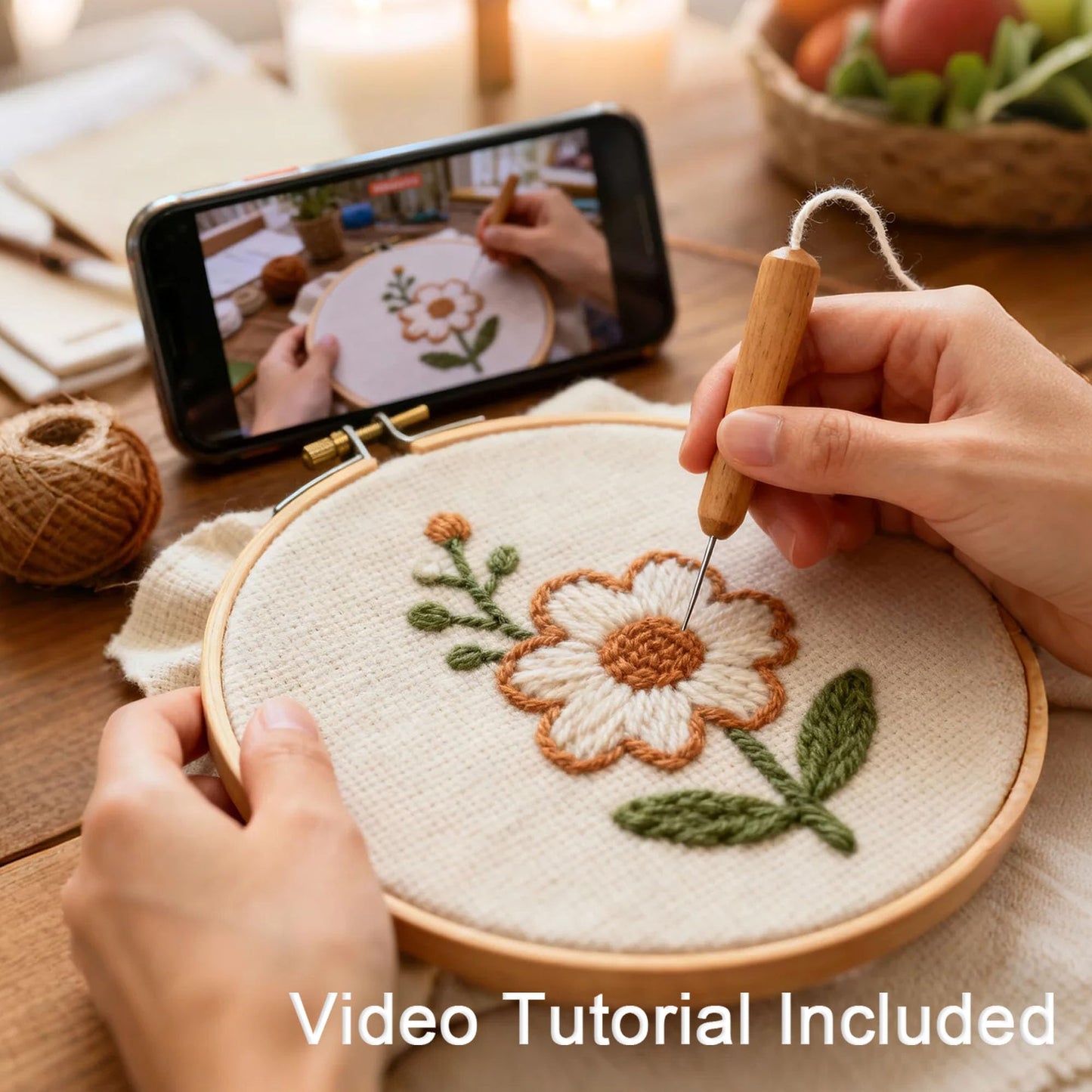 Harimau Punch Needle Kit for Beginners | Punch Embroidery with Red & White Flower Pattern on Beige Backdrop | Craft Kit Includes Embroidery Tools, Yarns,Stitch Book & Video Tutorial | Gifts for Women