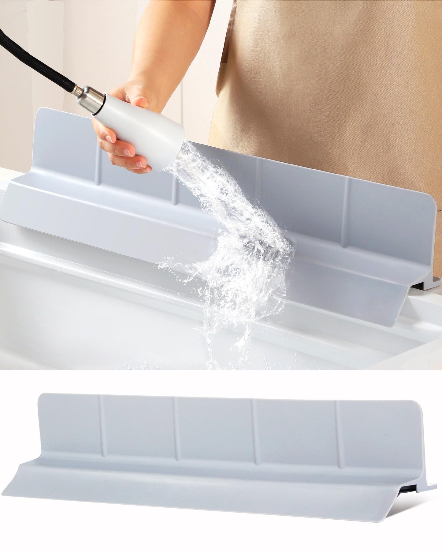 Akrelyan Kitchen Sink Splash Guard 23" 18" Self-Draining Silicone Water Guard with High Splash Wall & Strong Suction Cups for Faucet, Countertop & Sink Edge, Keeps Sinks Dry, Dishwasher Safe, Gray