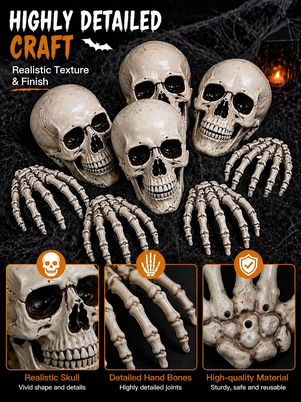 Sivlnian Halloween Skull Decorations Set, 8 Pack Skeleton Heads with Hands, 4.3 Inch Miniature Human Skull Heads, Spooky Haunted House Props for Halloween Party, Yard and Indoor Decorations, Plastic