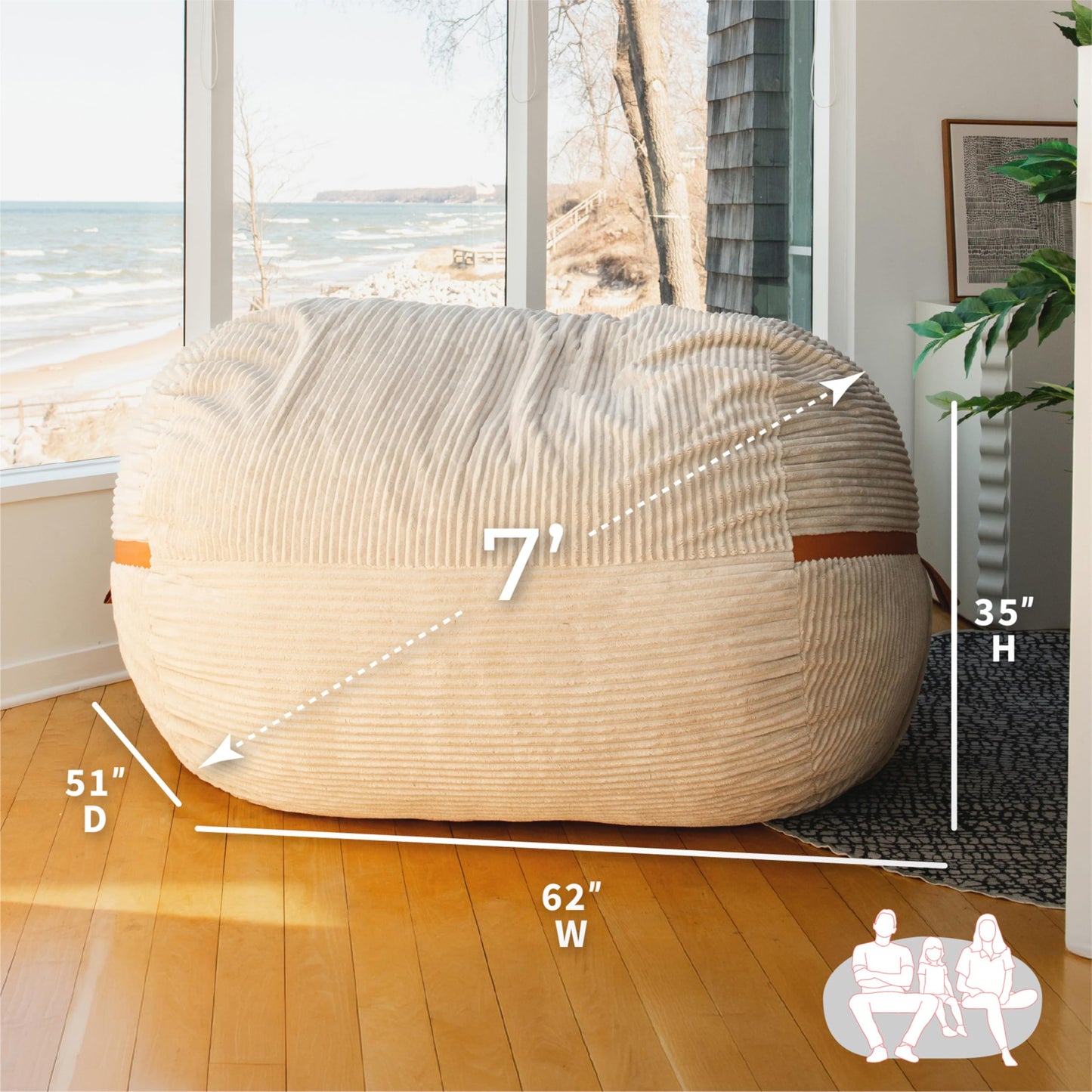 Big Joe Fuf 7Ft Giant Foam Bean Bag Chair, Oversized Couch with Removable Cover for Kids, Teens, Adults, Vanilla Latte Corded Plush, 7 Foot