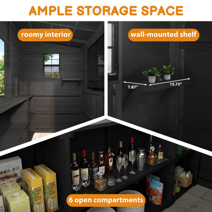 MUPATER 8 x 5 FT Wooden Bar Shed with Metal Roof, Backyard Patio Bar with Slide Front Panels, Outdoor Storage Shed with TV Bracket, Bar Top & Lockable Door, Black