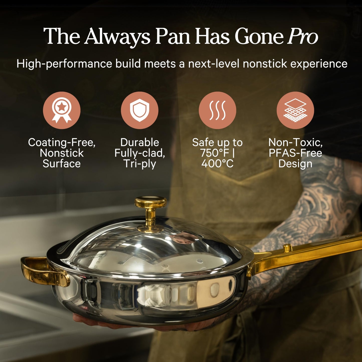 Our Place Titanium Always Pan Pro | 10.6" PFAS-Free Nonstick Frying Pan with Spatula | Chef-Grade Tri-Ply Stainless Steel & Aluminum Build | Induction & Oven-Safe up to 750°F | Gold